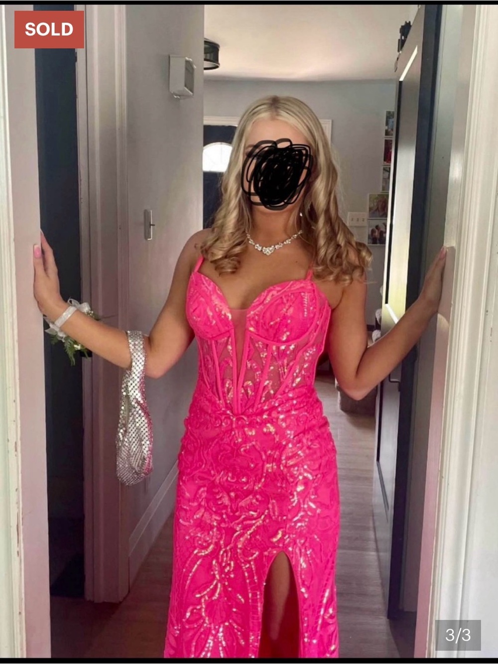Hot Pink Sequin Prom Dress with Corset Bodice